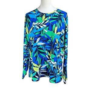 Coolibar Hightide Blue Green Botanical Print UPF 50 Long Sleeve Swim Shirt